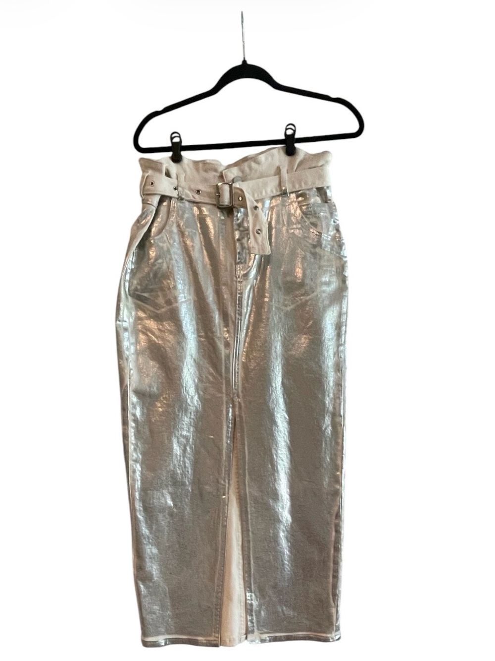 Metallic Silver High-Waist Belted Pencil Jean Skirt